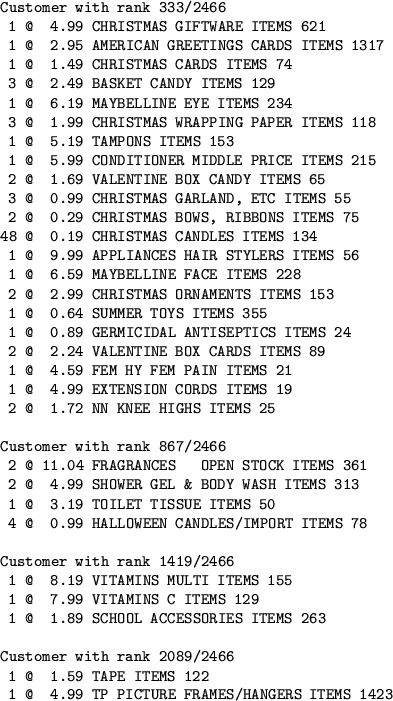 \begin{table}\begin{center}
{\footnotesize\begin{verbatim}Customer with rank 3...
...4.99 TP PICTURE FRAMES/HANGERS ITEMS 1423\end{verbatim}}
\end{center}\end{table}